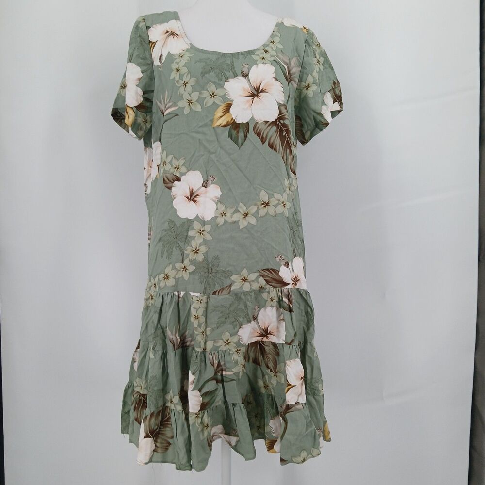 Vintage Shannon Marie Green Floral Drop Waist medium Ruffle Dress Made in Hawaii